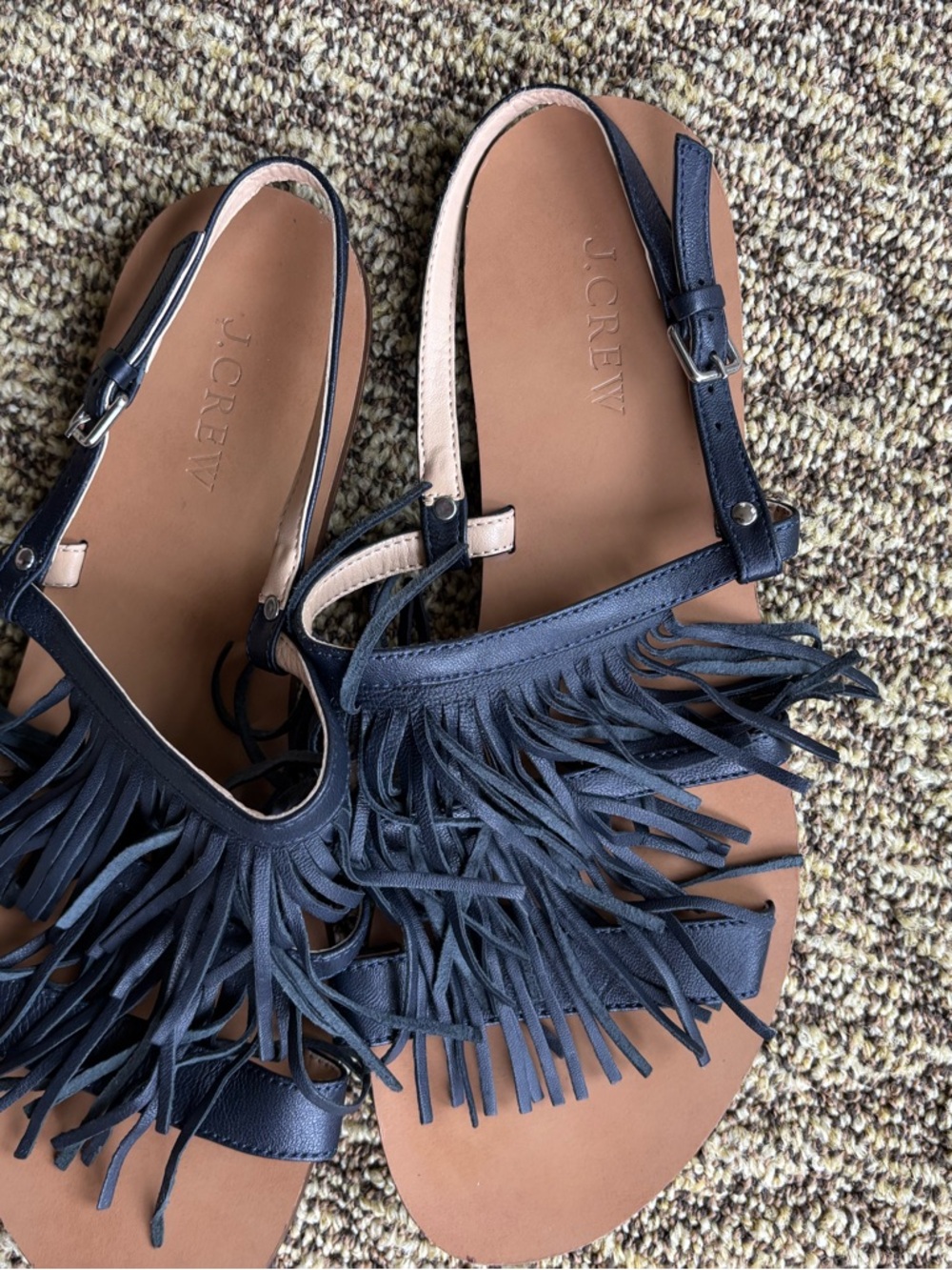 J. Crew Navy Fringe Tan Footbed Slingback Sandals - Picture 5 of 9